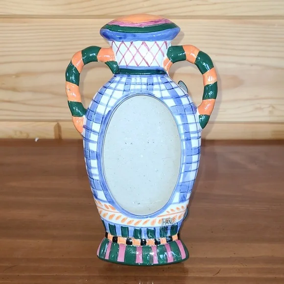 Vintage 90s Ceramic Picture Frame Colorful Double Handled Vase Jar Hand Painted - Picture 2 of 13